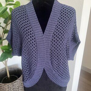 August Silk Blue Open Knit Short Sleeve Shrug Sweater Open Front Cropped Sz XL